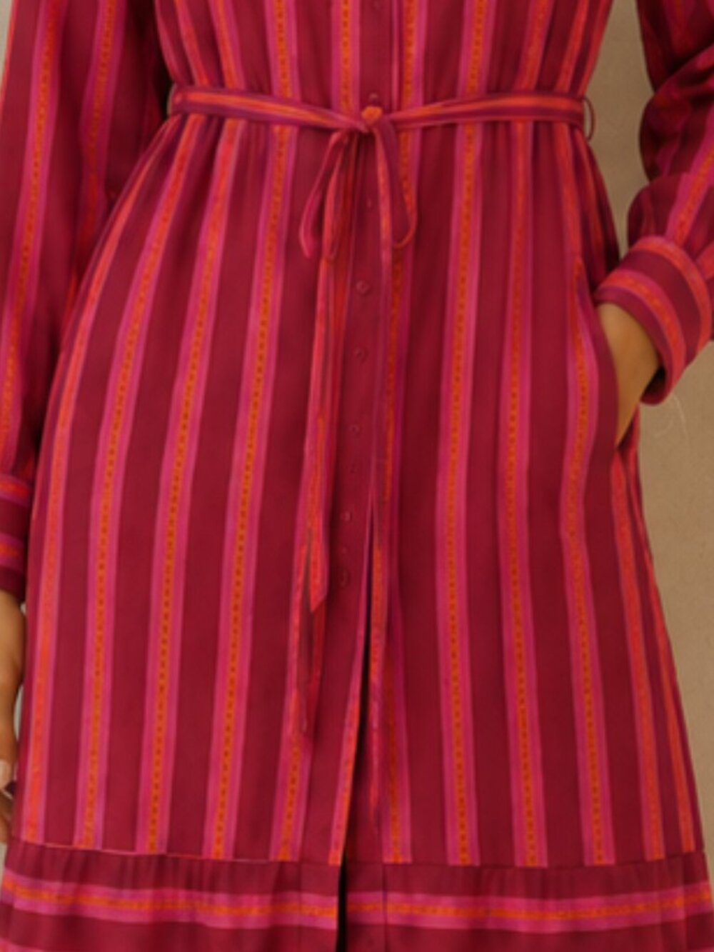 SugarLips Pink Magenta Belted Maxi Dress Size S Long Sleeve Tiered Shirt Dress - Picture 4 of 6